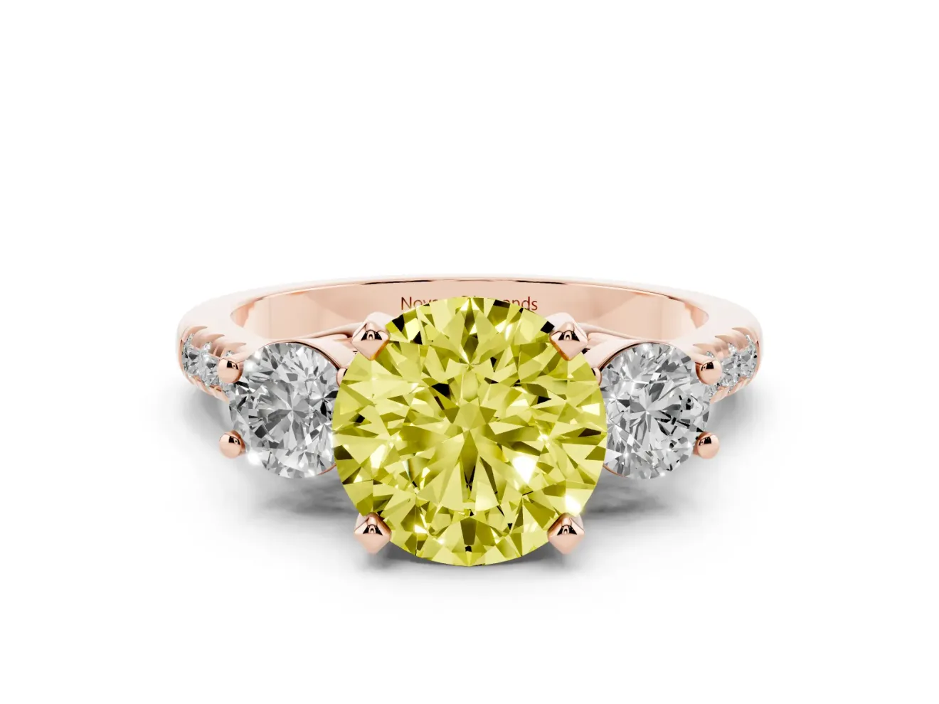 Fancy Yellow Three-Stone Round Cut Diamond Pavé Band Ring Set in Rose gold with Prong-Set Trio
