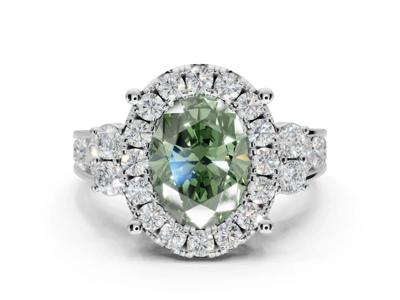 Oval Halo Engagement Ring Setting for a Fancy Green Lab-Grown Diamond | Side Clusters | Platinum