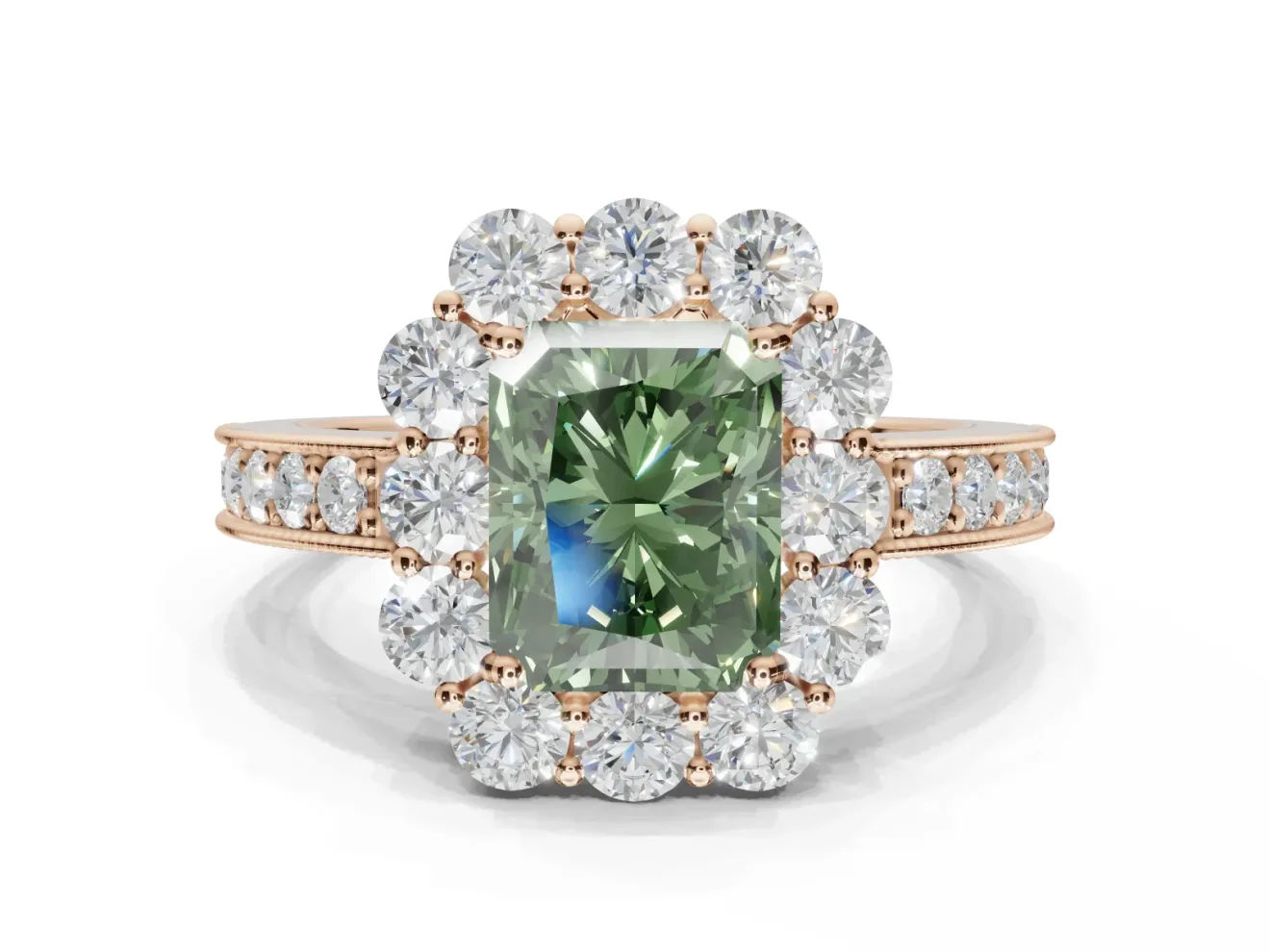 Radiant Cut Vintage Halo Engagement Ring Setting for a Fancy Green Lab-Grown Diamond | Milgrain Channel Band | Rose Gold