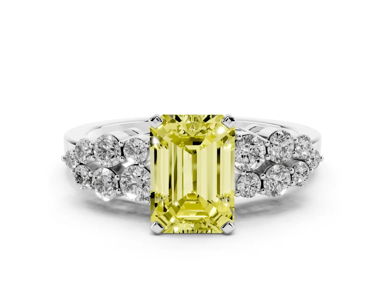 Fancy Yellow Emerald Cut Diamond Cluster Engagement Ring Set in Platinum with Pavé Band and Prong Setting