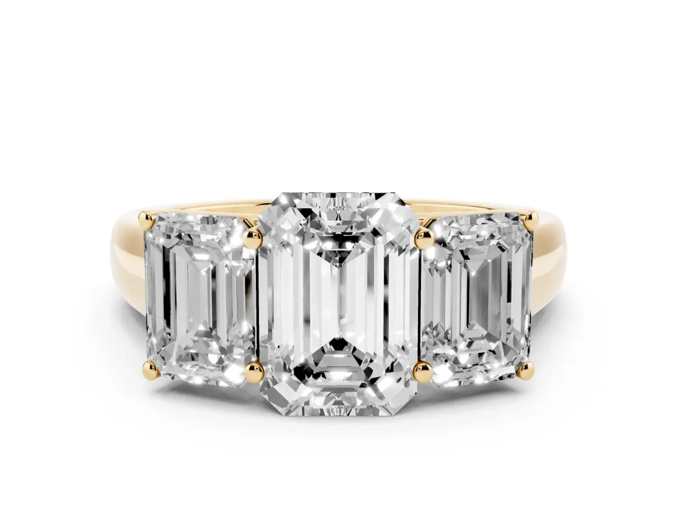 Emerald Cut Three Stone Engagement Ring Setting | Basket Prong Heads | Yellow Gold