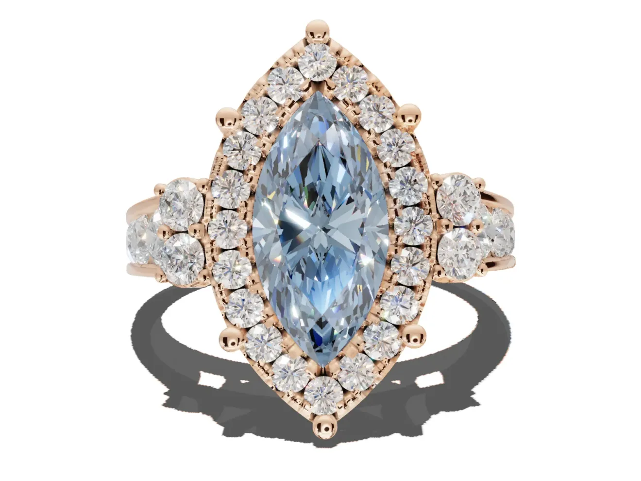 Marquise Halo Engagement Ring Setting for a Fancy Blue Lab-Grown Diamond | Side Clusters | Rose Gold