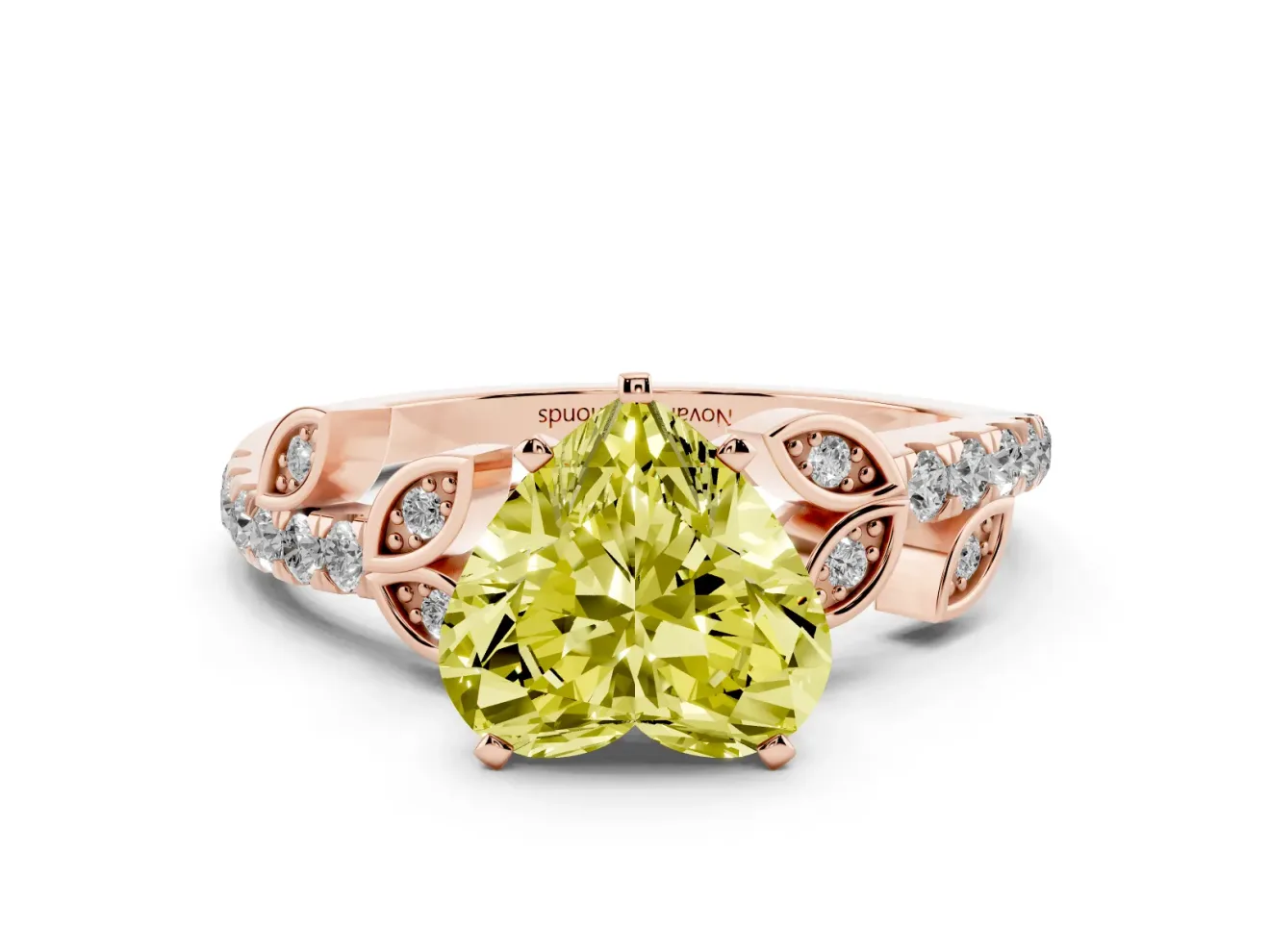 Fancy Yellow Heart Cut Diamond Solitaire Leaf-Inspired Ring Set in Rose gold with Pavé Band and Prong Setting