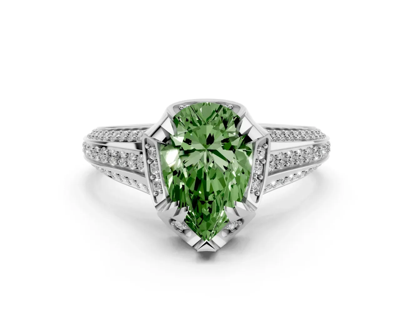 Fancy Green Pear Cut Diamond Pavé Split Shank Solitaire Ring Set in Platinum with Prong Setting