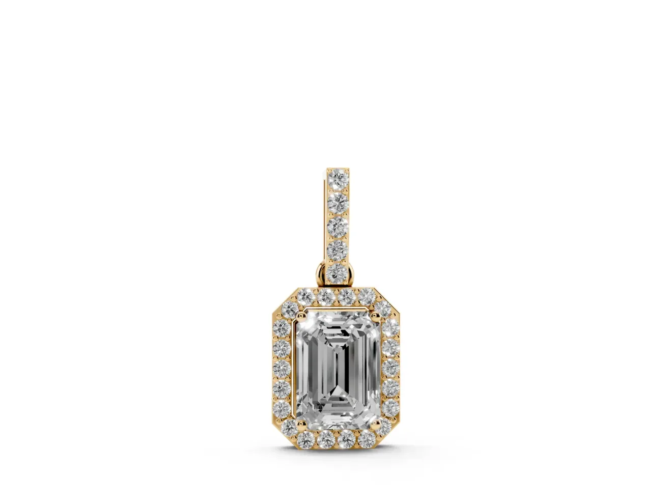 Emerald Cut Diamond Halo Pendant Set in Yellow gold with Prong-Set Center