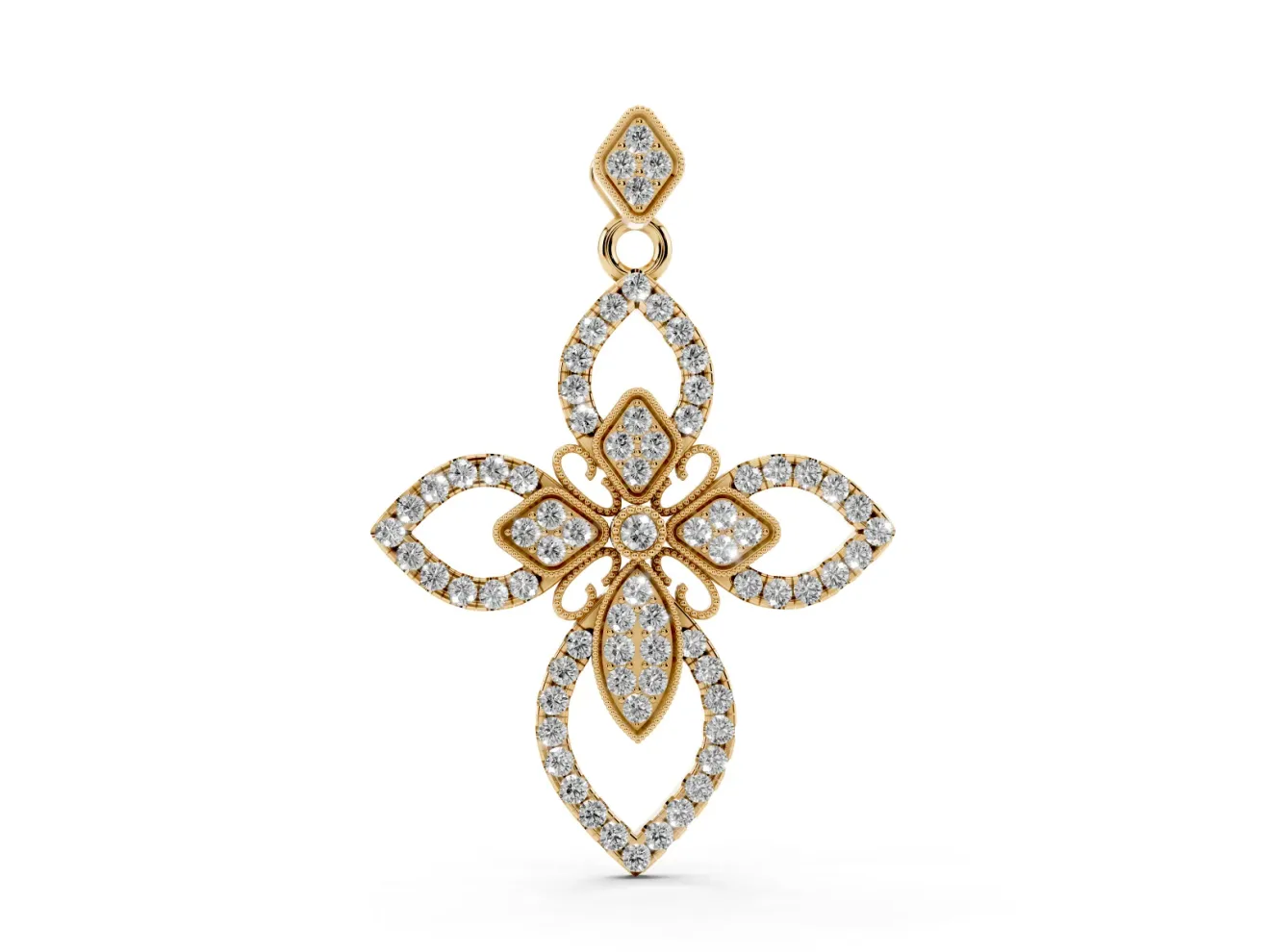 Round Lab-Grown Diamond Pavé Floral Cross Pendant Necklace | Petal Arms | Yellow Gold
