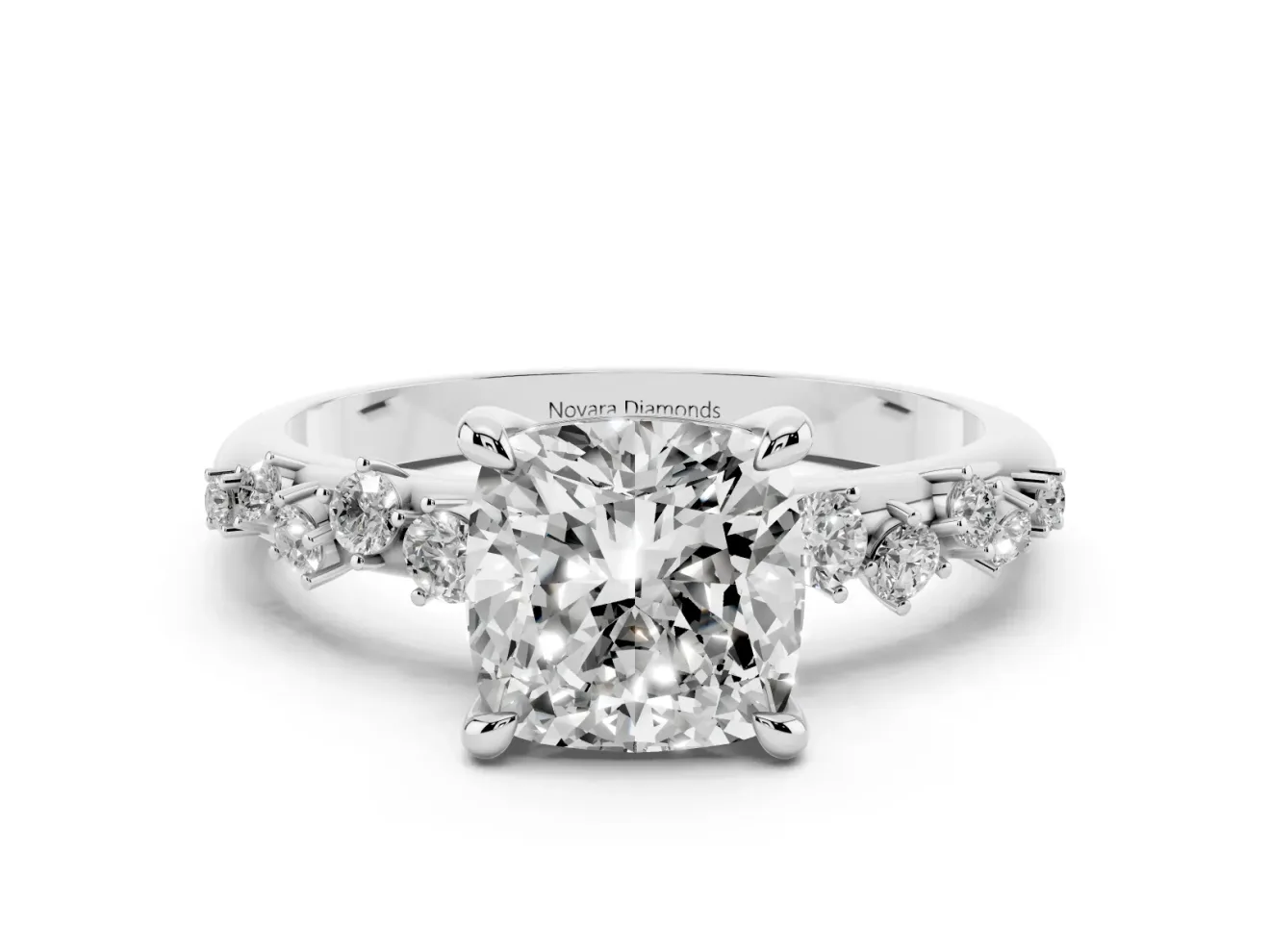 Cushion Cut Diamond Solitaire Vine Band Ring Set in White gold with Round Accents and Prong Setting