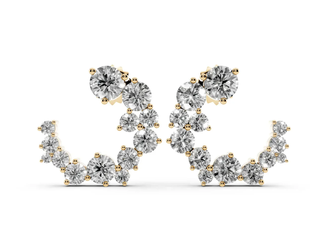 Round Lab-Grown Diamond Crescent Cluster Earrings | Mixed Size Stones | Yellow Gold
