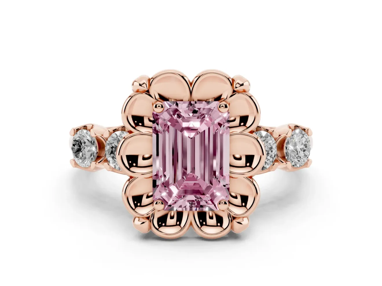 Emerald Cut Floral Engagement Ring Setting for a Fancy Pink Lab-Grown Diamond | Petal Frame and Side Stones | Rose Gold