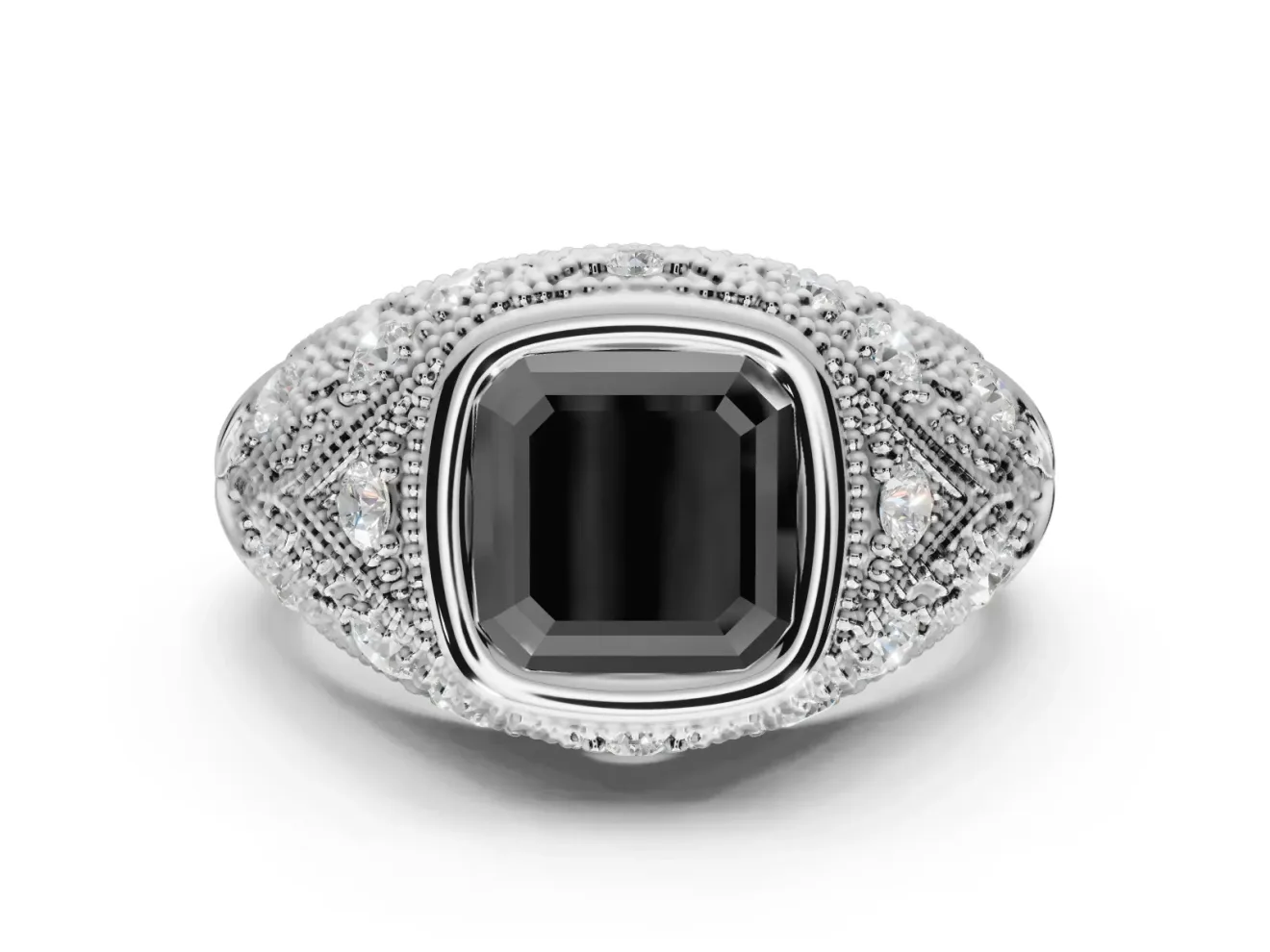Fancy Black Asscher Cut Lab-Grown Diamond Bezel Ring Set in Sterling Silver with Milgrain Accent Band