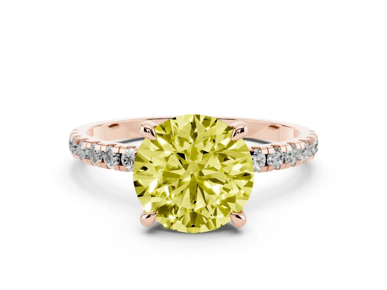 Fancy Yellow Round Cut Diamond Brilliant Solitaire Ring Set in Rose gold with Pavé Band and Prong Setting