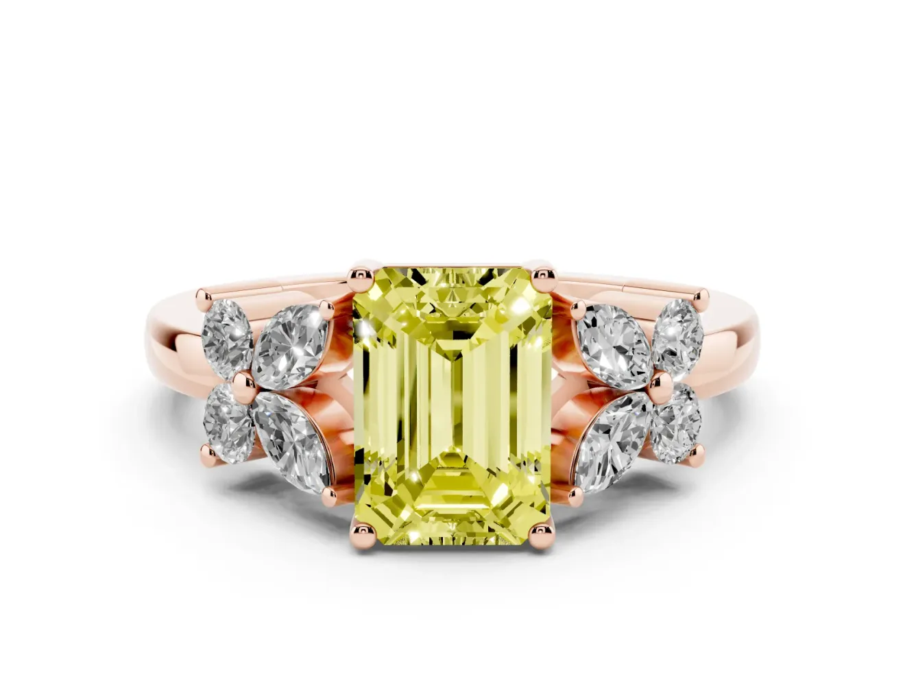 Fancy Yellow Emerald Cut Diamond Floral Cluster Ring Set in Rose gold with Marquise Petals and Prong Setting