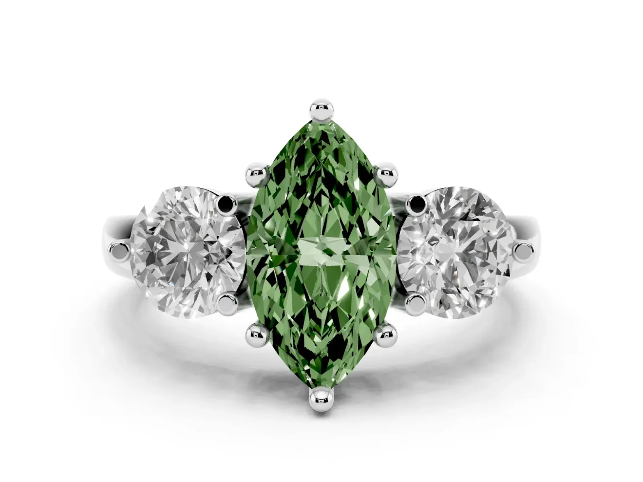 Fancy Green Marquise Cut Diamond Three-Stone Ring Set in Platinum with Prong Setting and Classic Band