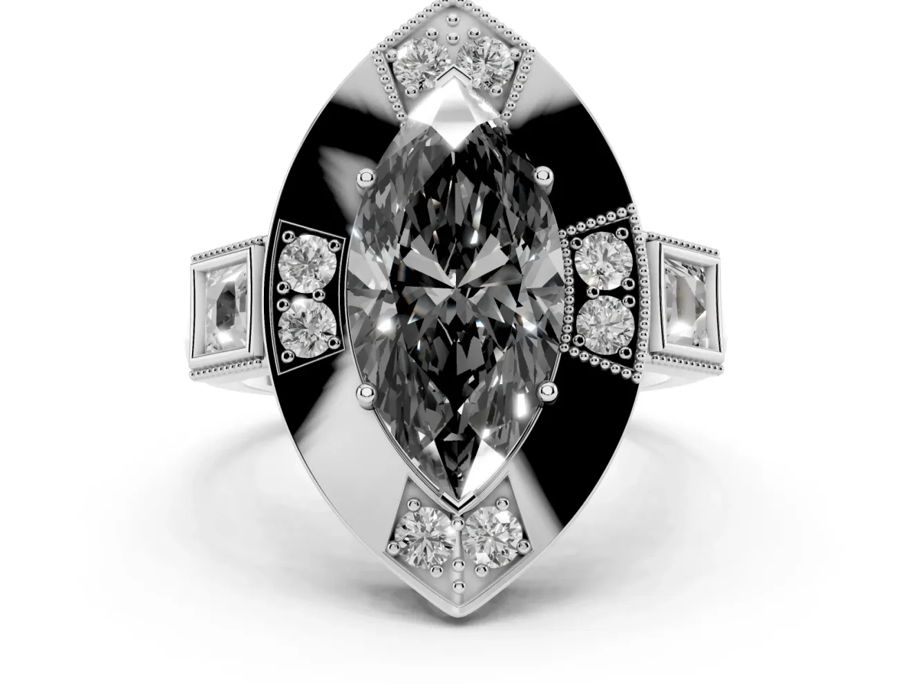 Fancy Black Marquise Cut Diamond Milgrain Halo Ring Set in Platinum with Split Shank