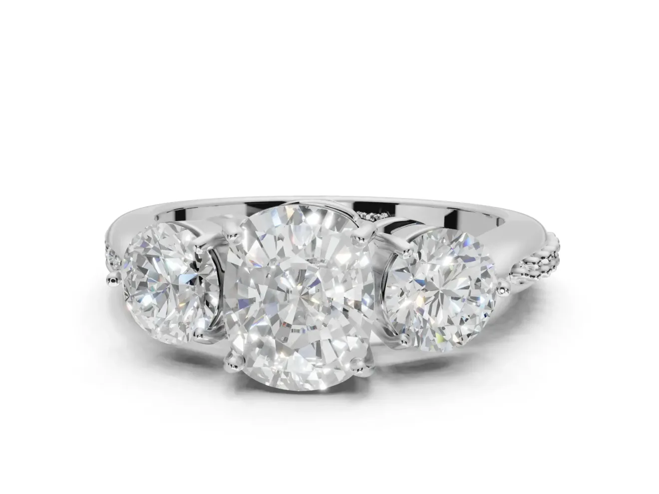 Cushion Cut Three Stone Engagement Ring Setting | Tapered Pave Band | White Gold