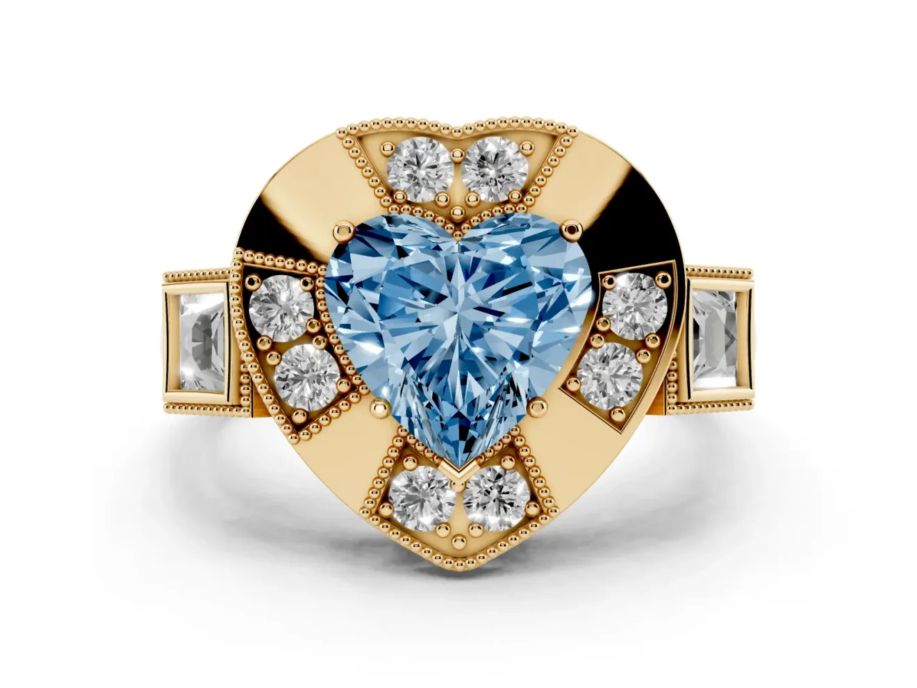 Fancy Blue Heart Cut Diamond Milgrain Halo Ring Set in Yellow gold with Split Shank