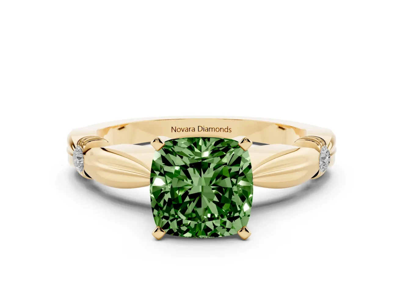 Fancy Green Cushion Cut Diamond Solitaire Twisted Band Ring Set in Yellow gold with Accent Stones and Prong Setting