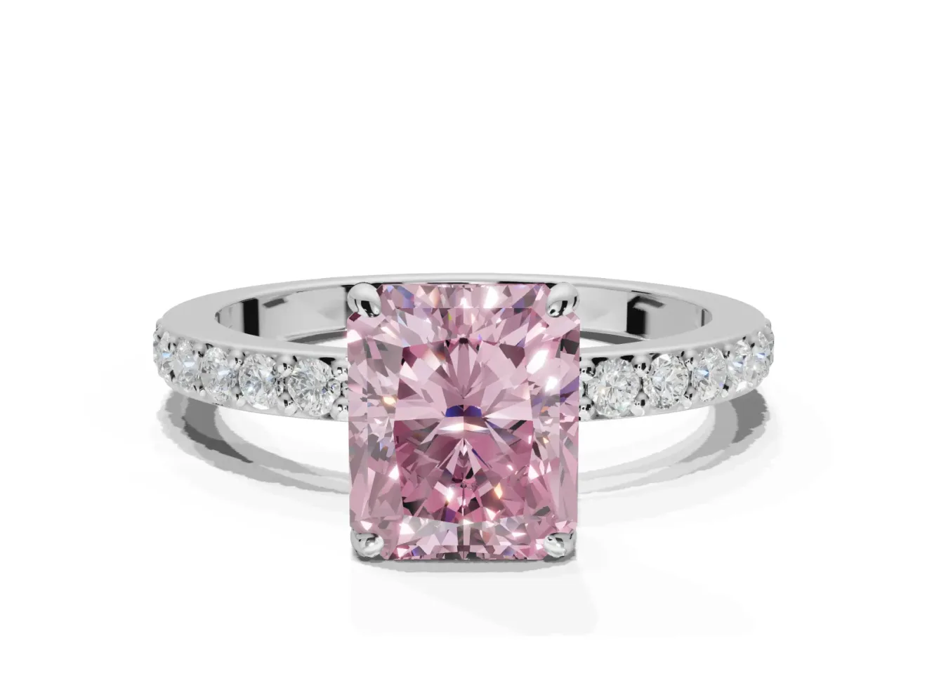 Radiant Cut Hidden Halo Engagement Ring Setting for a Fancy Pink Lab-Grown Diamond | Pavé Band | White Gold