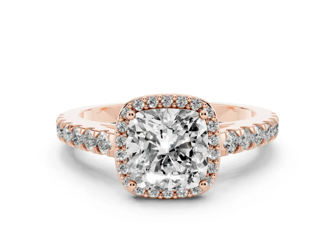 Cushion Cut Diamond Halo Engagement Ring Set in Rose gold with Pavé Band and Prong Setting