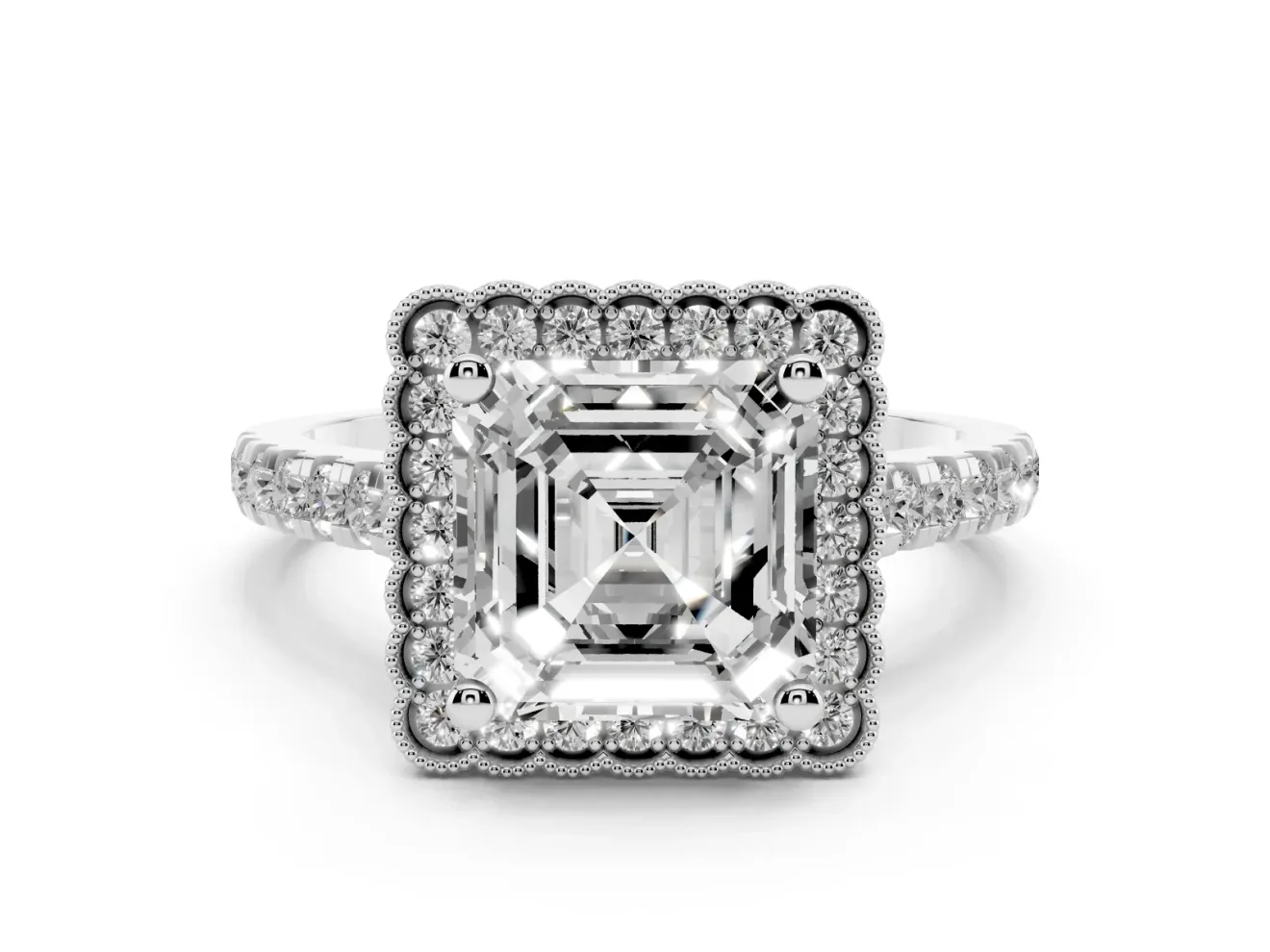 Asscher Cut Diamond Milgrain Floral Halo Engagement Ring Set in White gold with Pavé Band