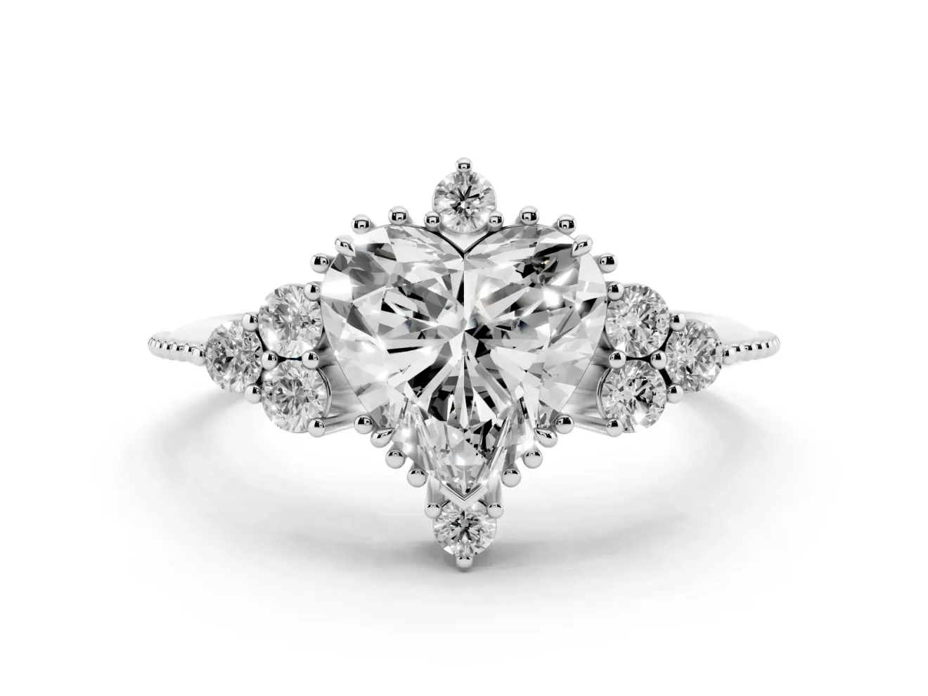 Heart-Shaped Vintage Cluster Engagement Ring Setting | Beaded Edges | White Gold
