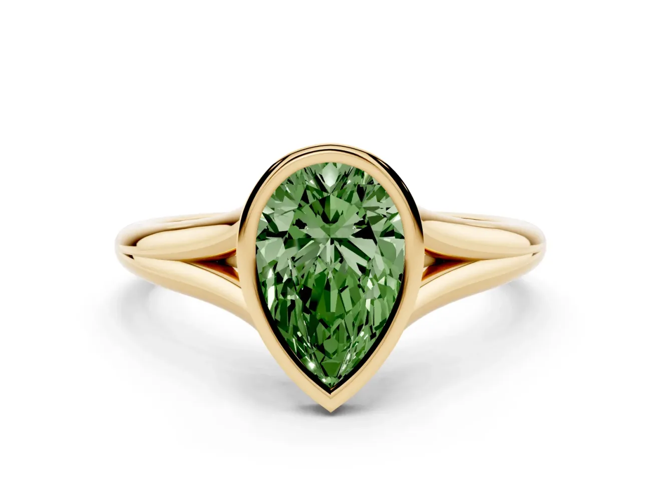 Fancy Green Bezel Set Pear Cut Diamond Solitaire Ring Set in Yellow gold with Tapered Band