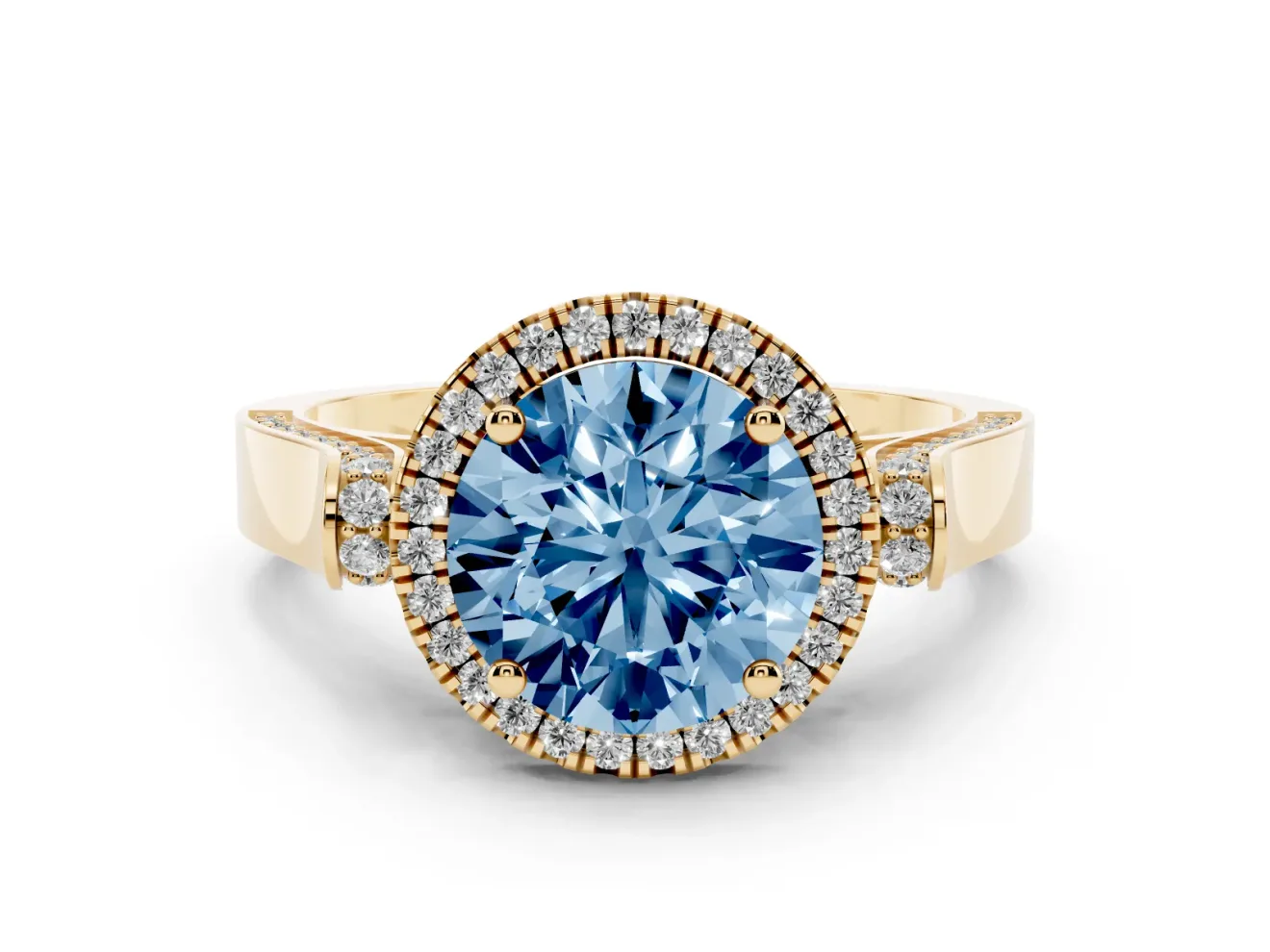 Round Pavé Halo Engagement Ring Setting for a Fancy Blue Lab-Grown Diamond | Yellow Gold
