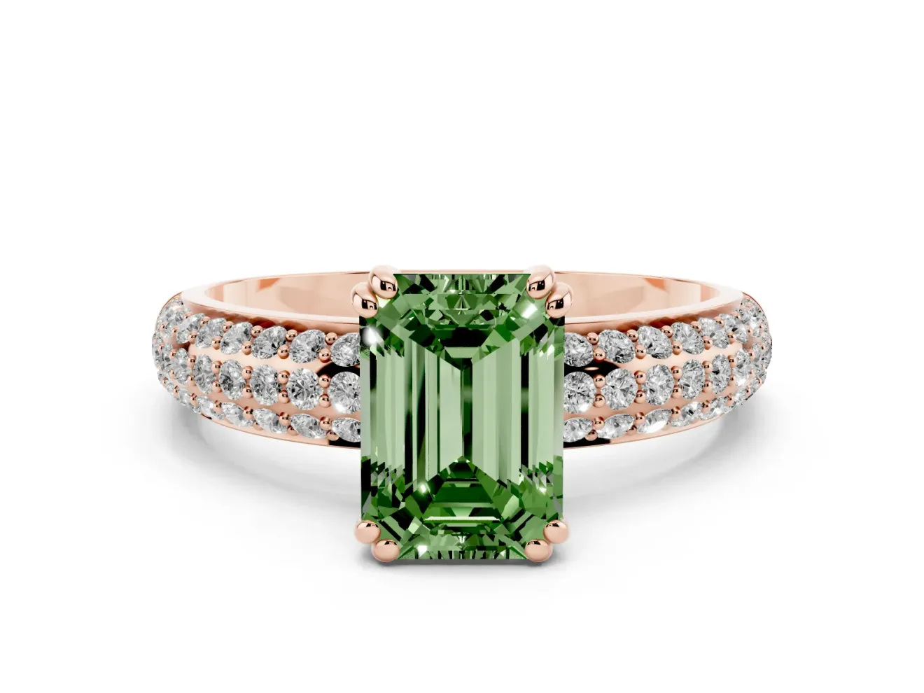 Emerald Cut Three Row Pave Engagement Ring Setting for a Fancy Green Lab-Grown Diamond | Rose Gold
