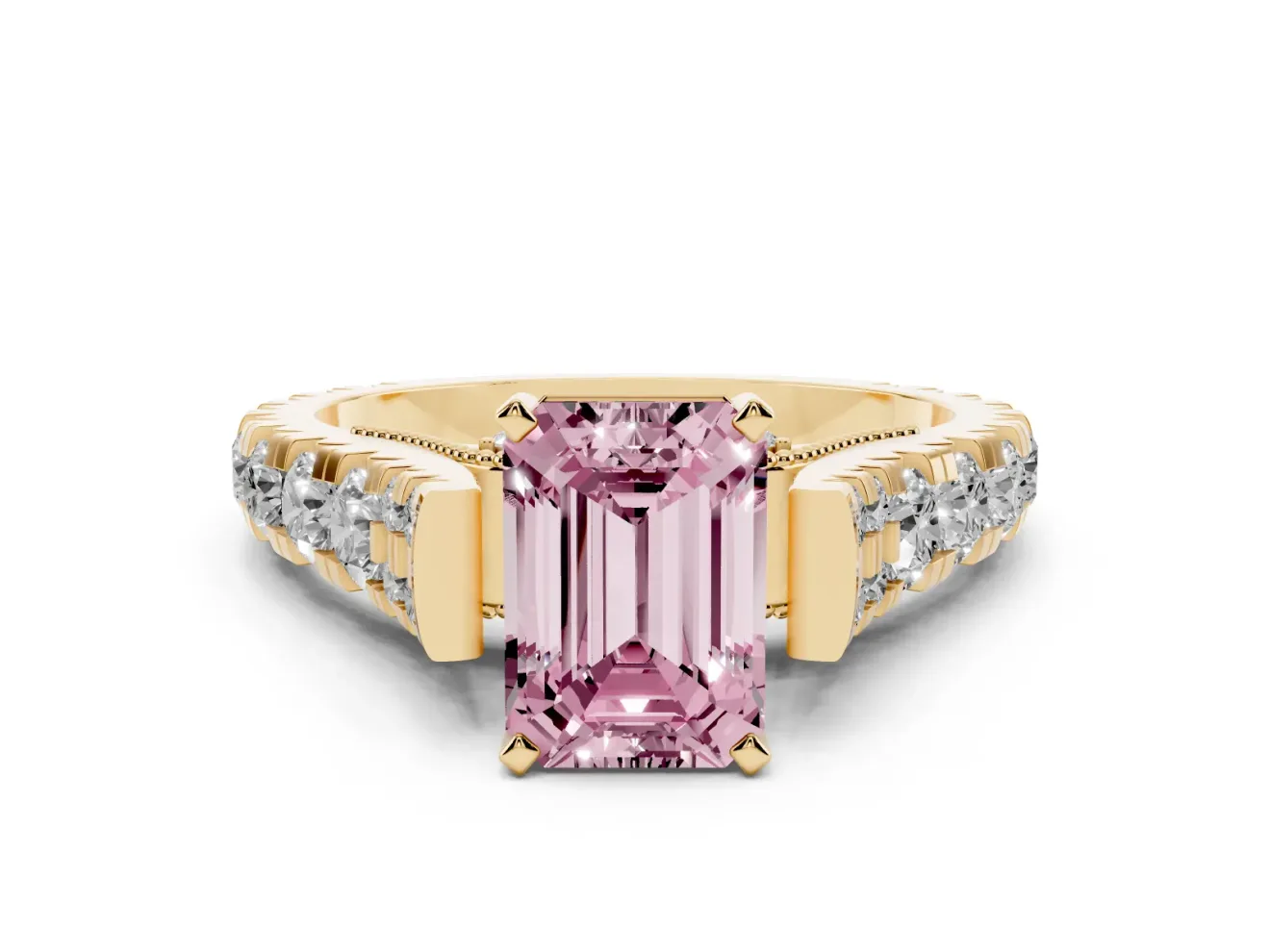 Fancy Pink Emerald Cut Diamond Classic Solitaire Ring Set in Yellow gold with Pavé Band and Prong Setting