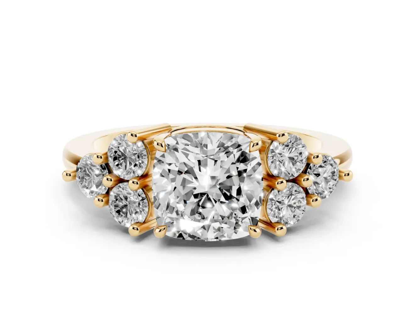 Cushion Cut Diamond Solitaire Ring Set in Yellow gold with Cluster Accents on Each Side