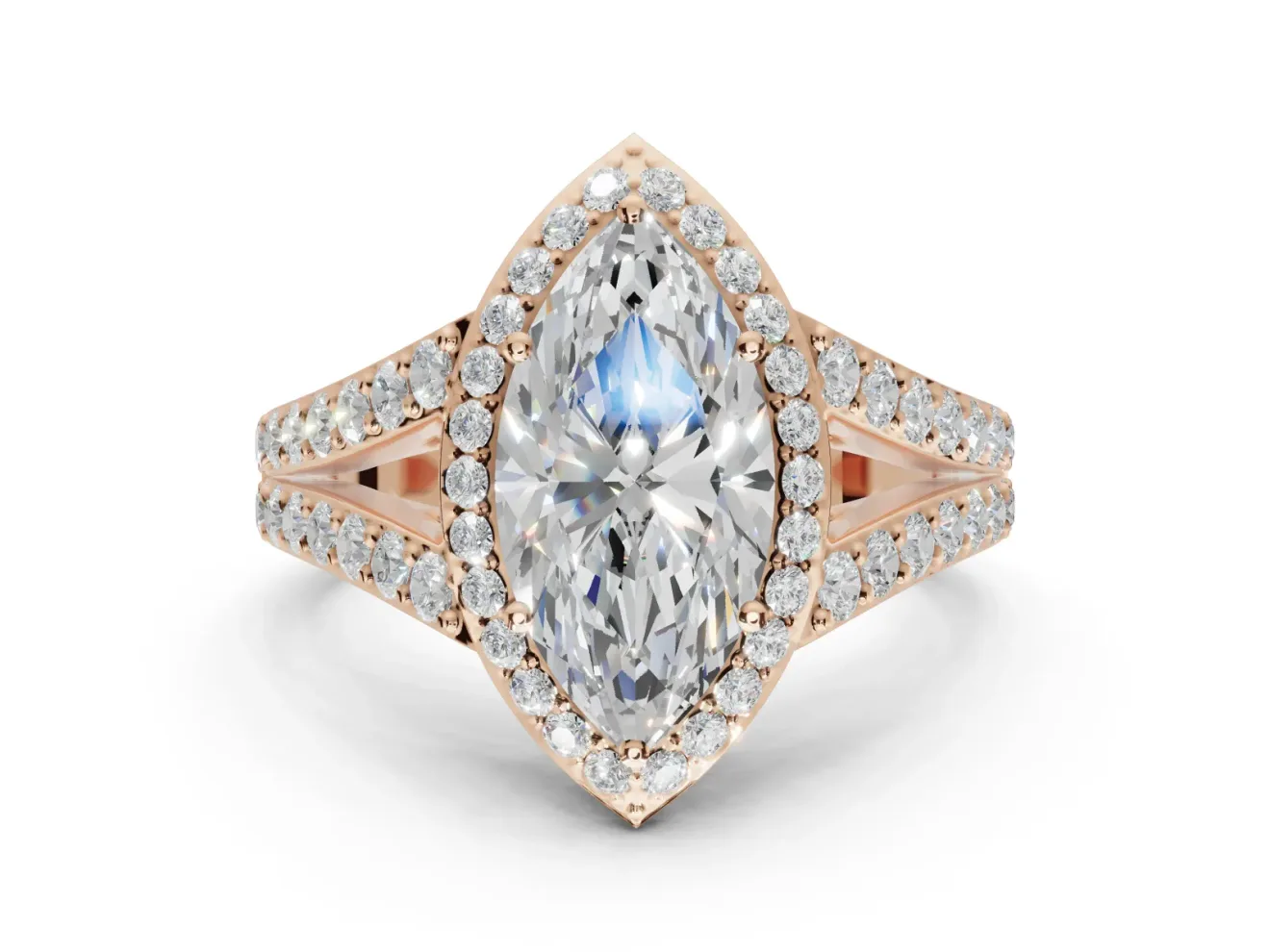 Marquise Halo Pavé Engagement Ring Setting | Narrow Split Shank | Rose Gold