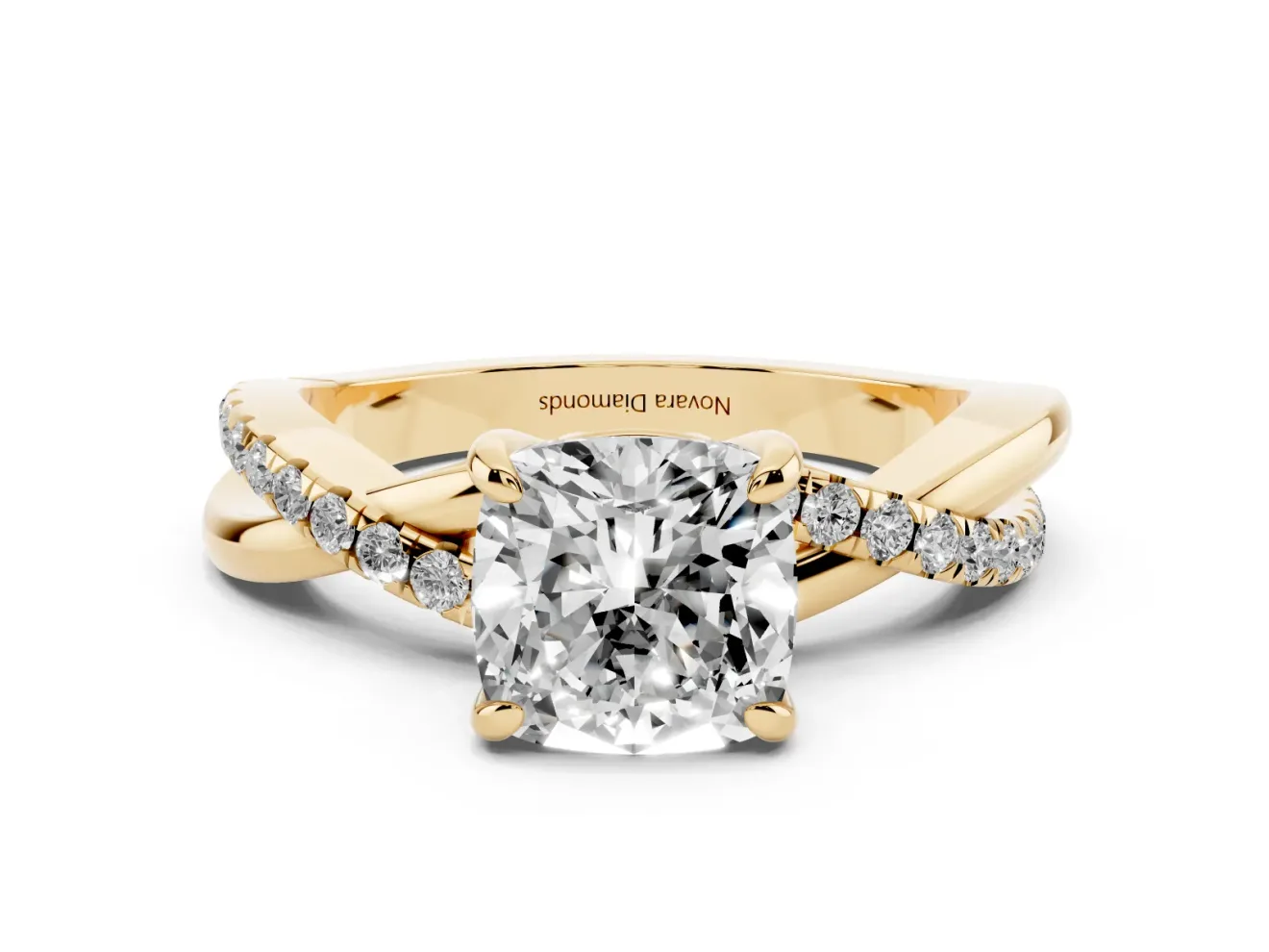 Cushion Cut Diamond Twist Band Solitaire Set in Yellow gold with Pavé Accents and Prong Setting
