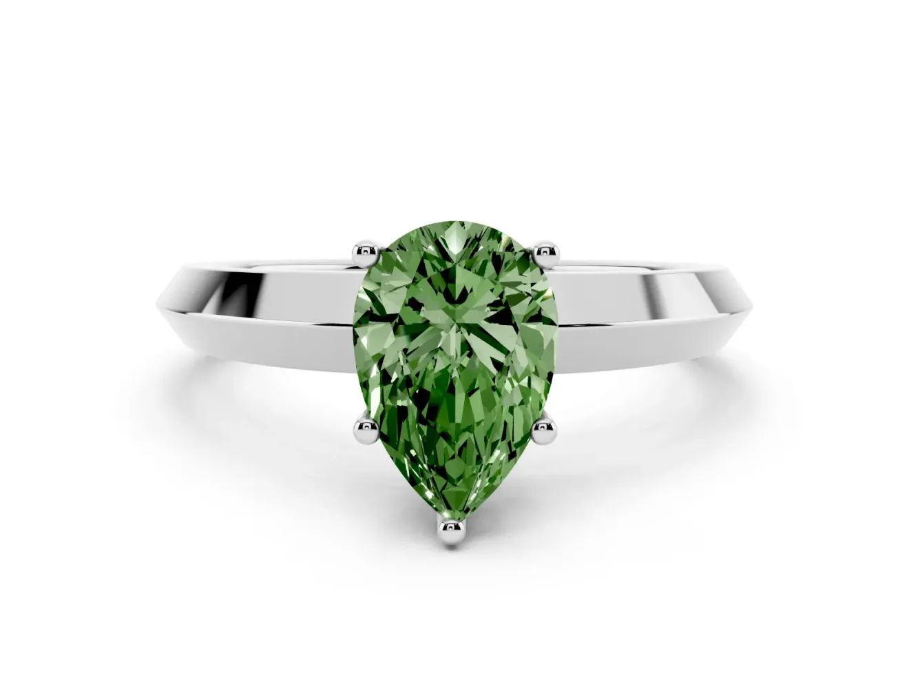 Fancy Green Pear Cut Diamond Solitaire Engagement Ring Set in Silver with Flat Band and Prong Setting