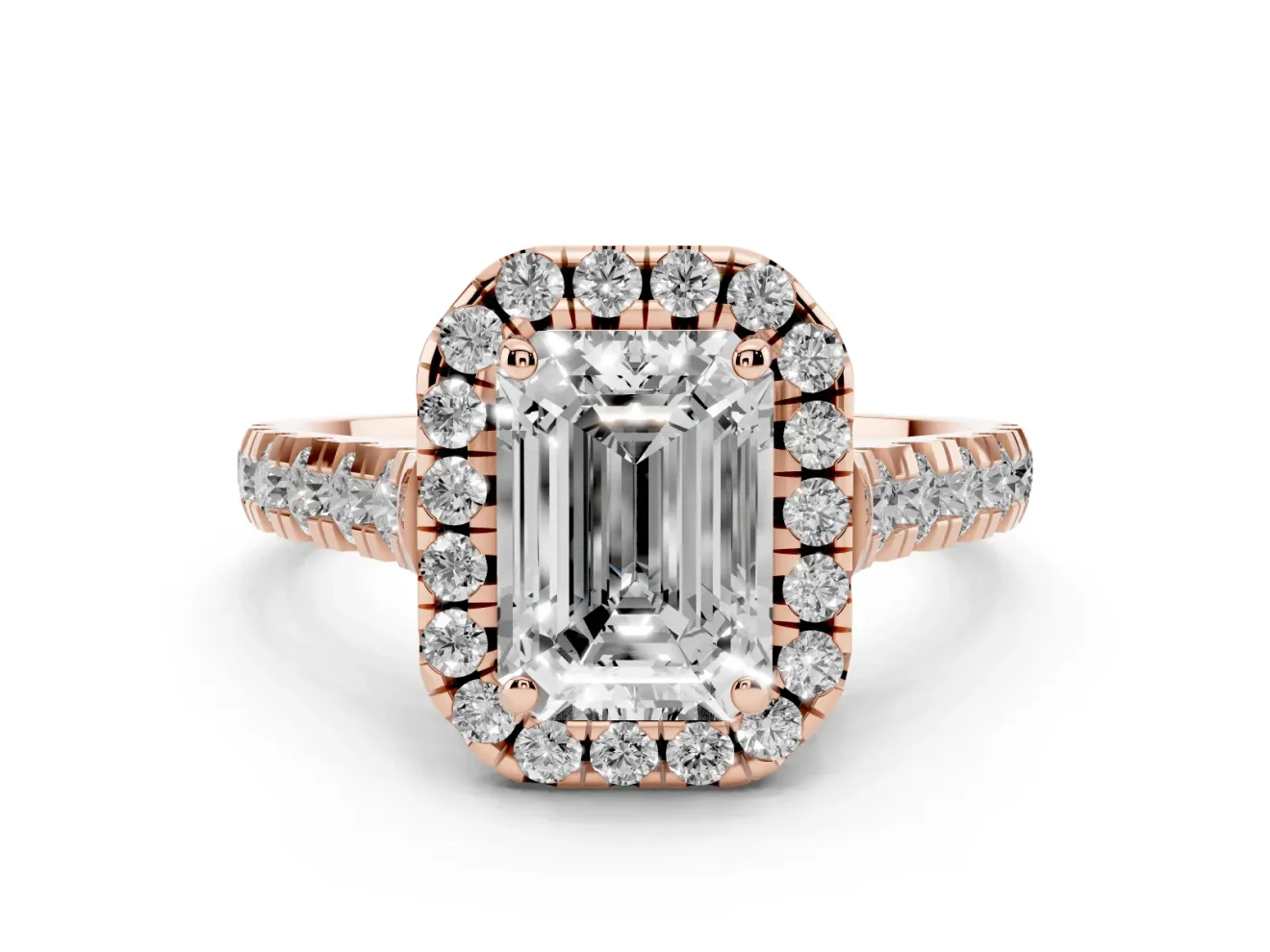 Emerald Cut Halo Engagement Ring Setting | Shared Prong Shoulders | Rose Gold