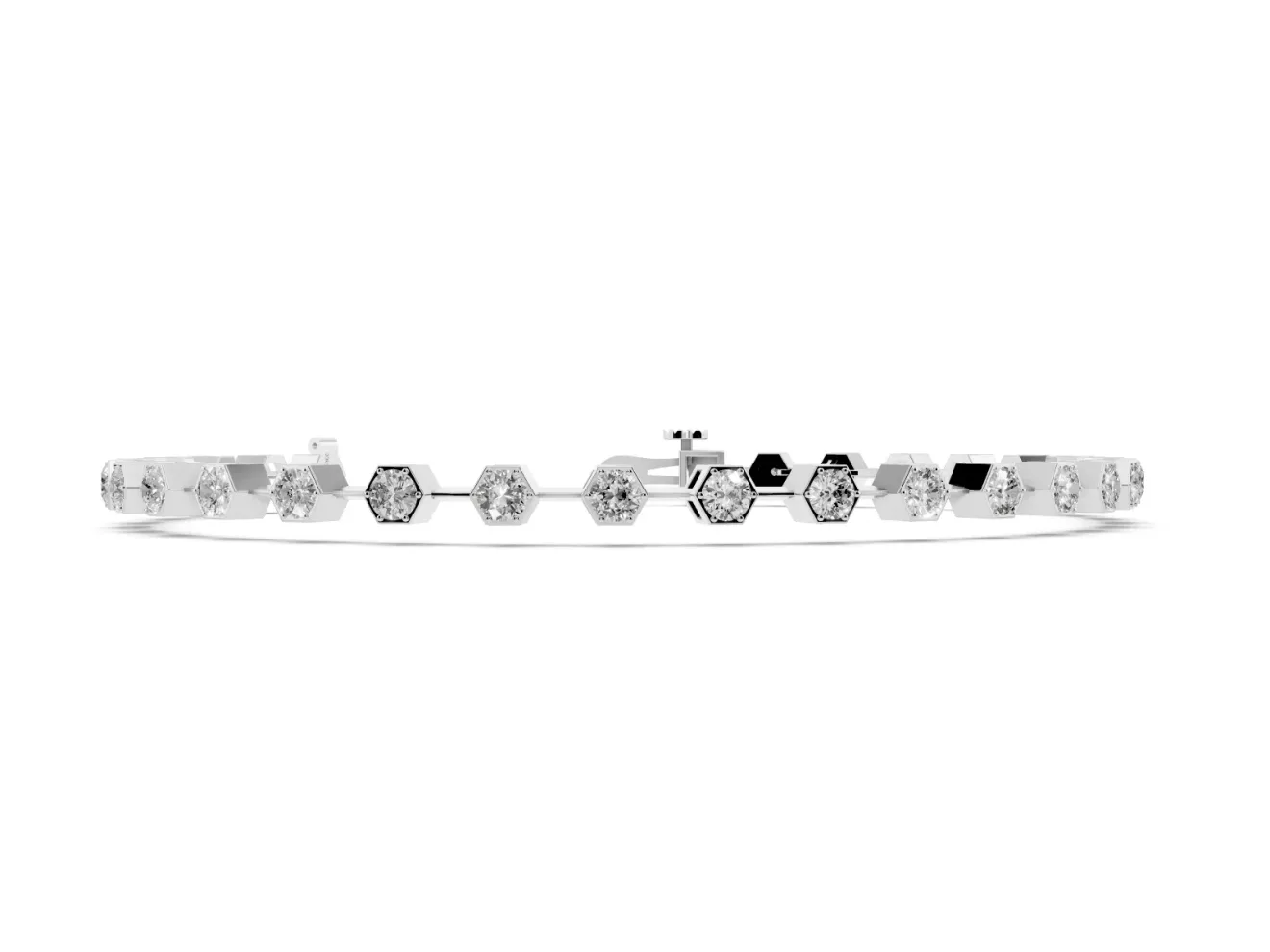 Round Lab-Grown Diamond Hexagon Frame Station Bracelet | Bar Links | White Gold