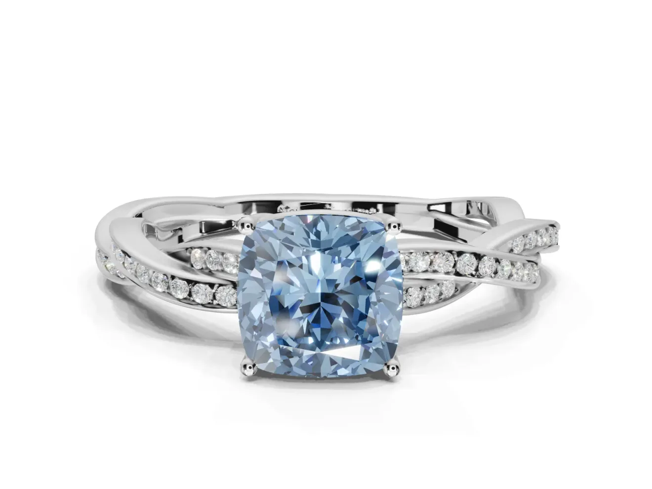 Cushion Cut Twisted Pavé Solitaire Engagement Ring Setting for a Fancy Blue Lab-Grown Diamond | Sterling Silver