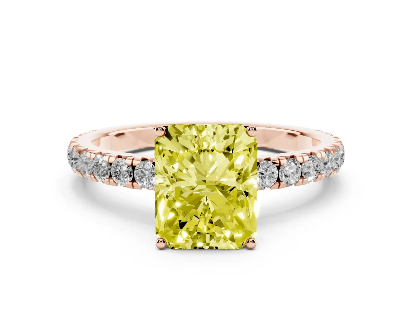 Radiant Cut Pave Solitaire Engagement Ring Setting for a Fancy Yellow Lab-Grown Diamond | Shared Prong Band | Rose Gold
