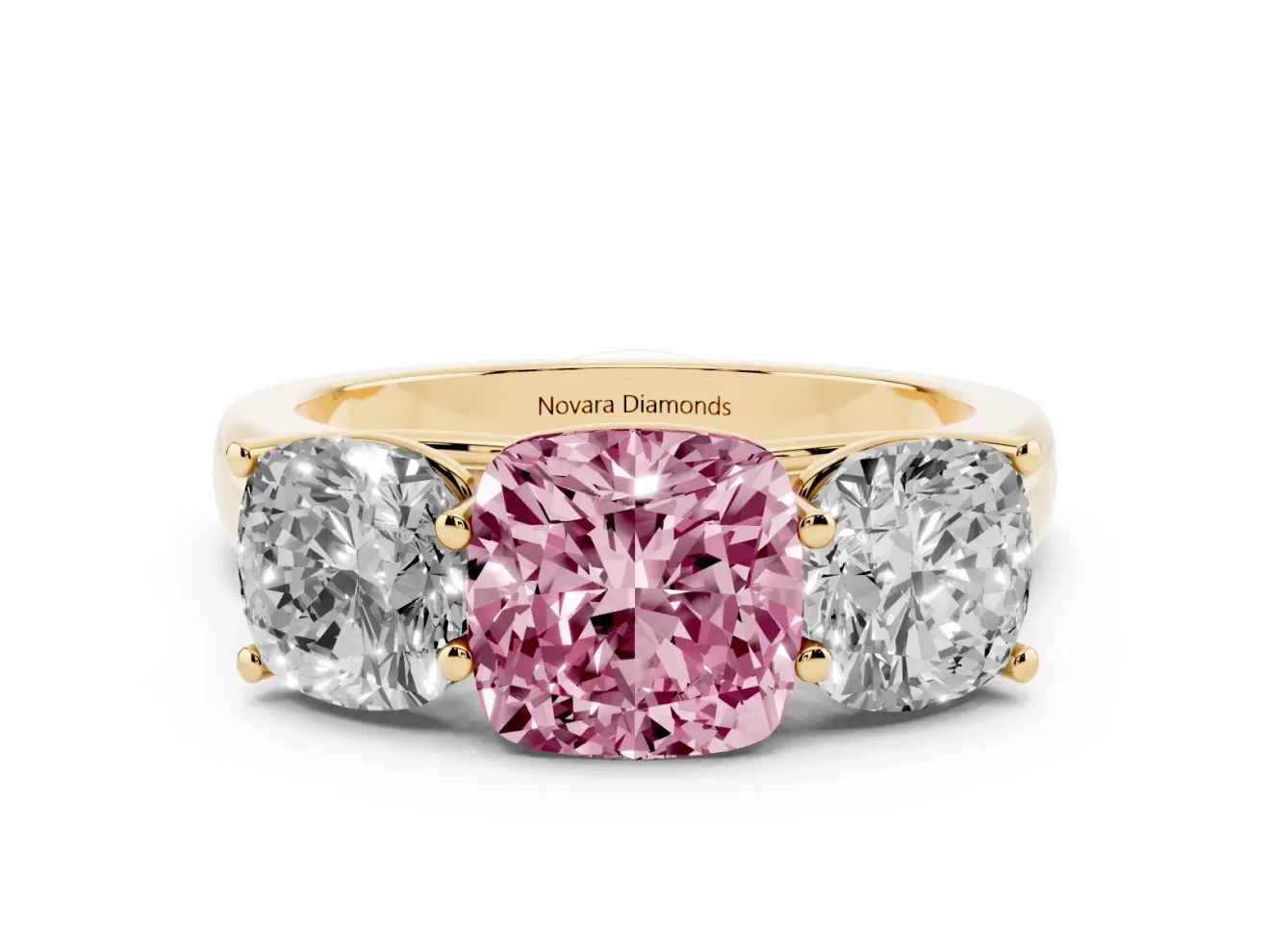Cushion Cut Three Stone Engagement Ring Setting for a Fancy Pink Lab-Grown Diamond | Basket Prong Heads | Yellow Gold