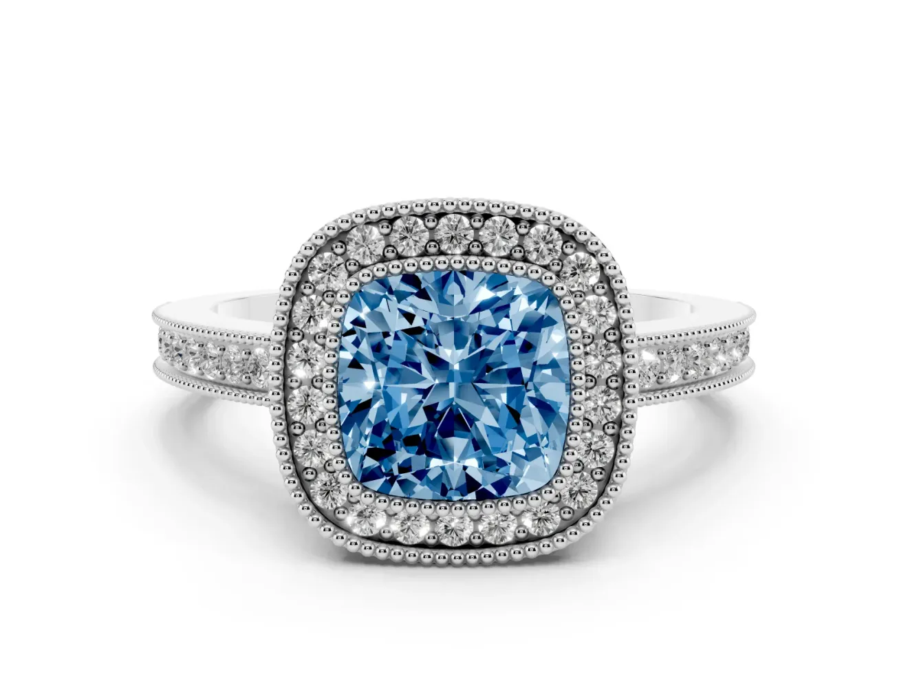 Fancy Blue Cushion Cut Diamond Halo Ring Set in White gold with Pavé Band and Milgrain-Edged Prongs