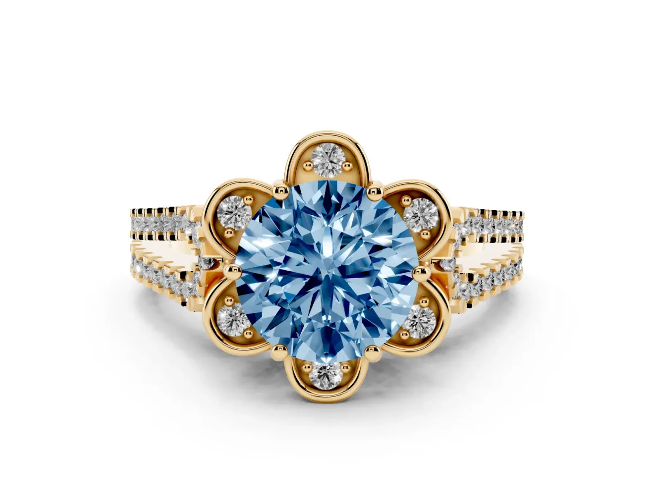 Round Floral Halo Engagement Ring Setting for a Fancy Blue Lab-Grown Diamond | Pavé Split Shank | Yellow Gold