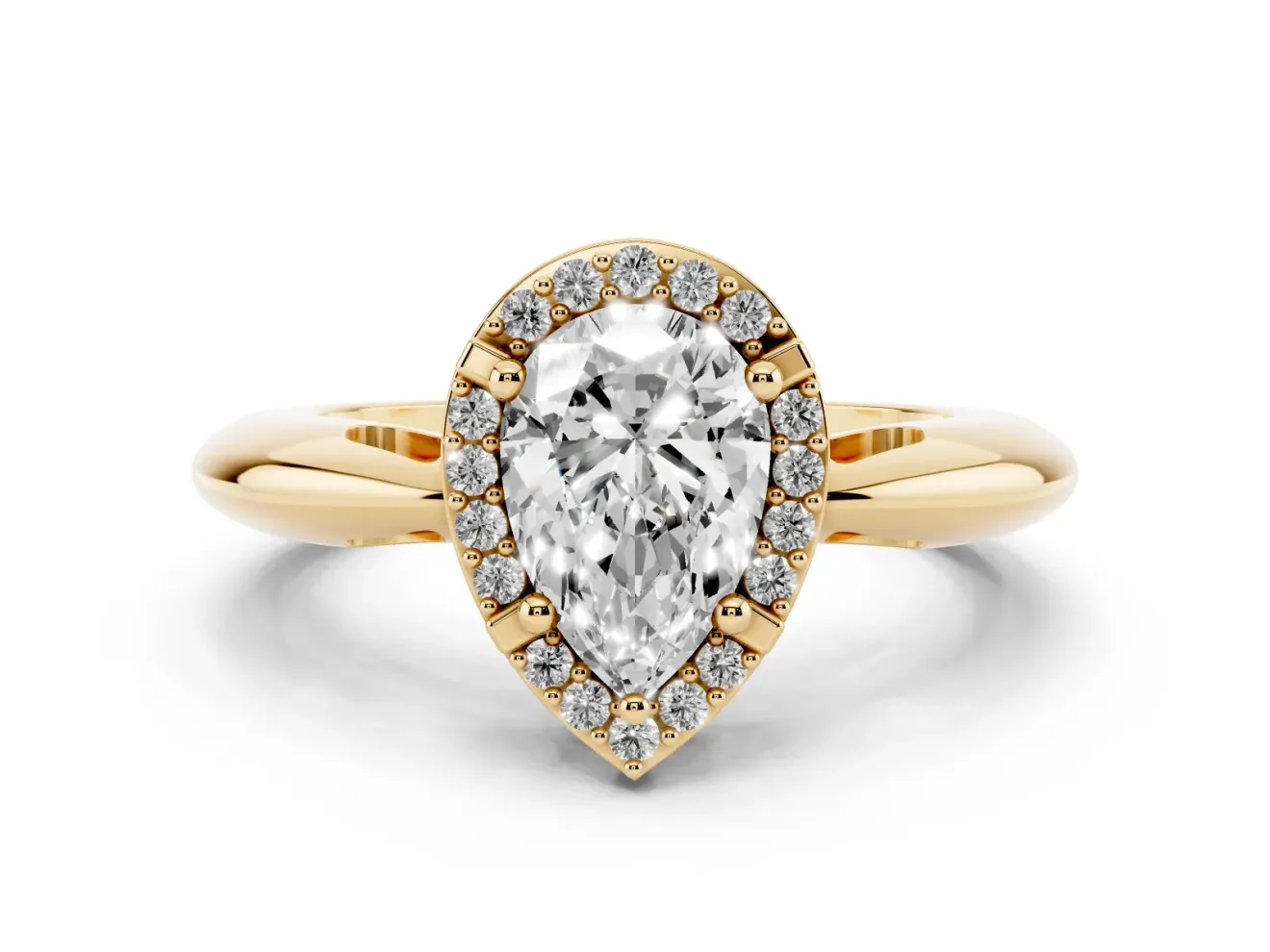Pear Cut Diamond Halo Engagement Ring Set in Yellow gold with Plain Split Shank and Prong Setting