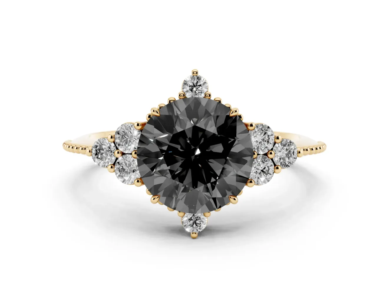 Round Vintage Cluster Engagement Ring Setting for a Black Center | Beaded Edges | Yellow Gold