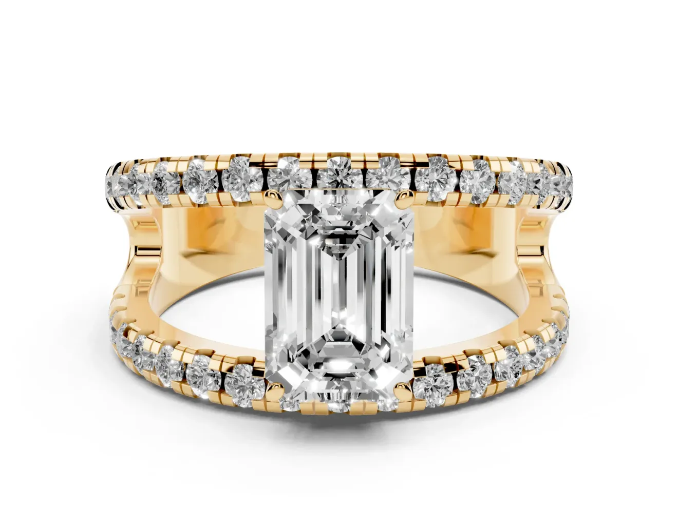 Emerald Cut Wide Open Split Shank Engagement Ring Setting | Pavé Strands | Yellow Gold