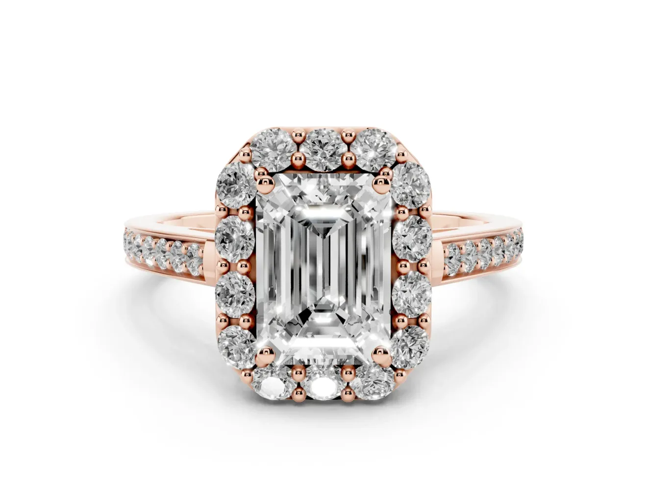Emerald Cut Diamond Floral Halo Ring Set in Rose gold with Pavé Band and Prong Setting