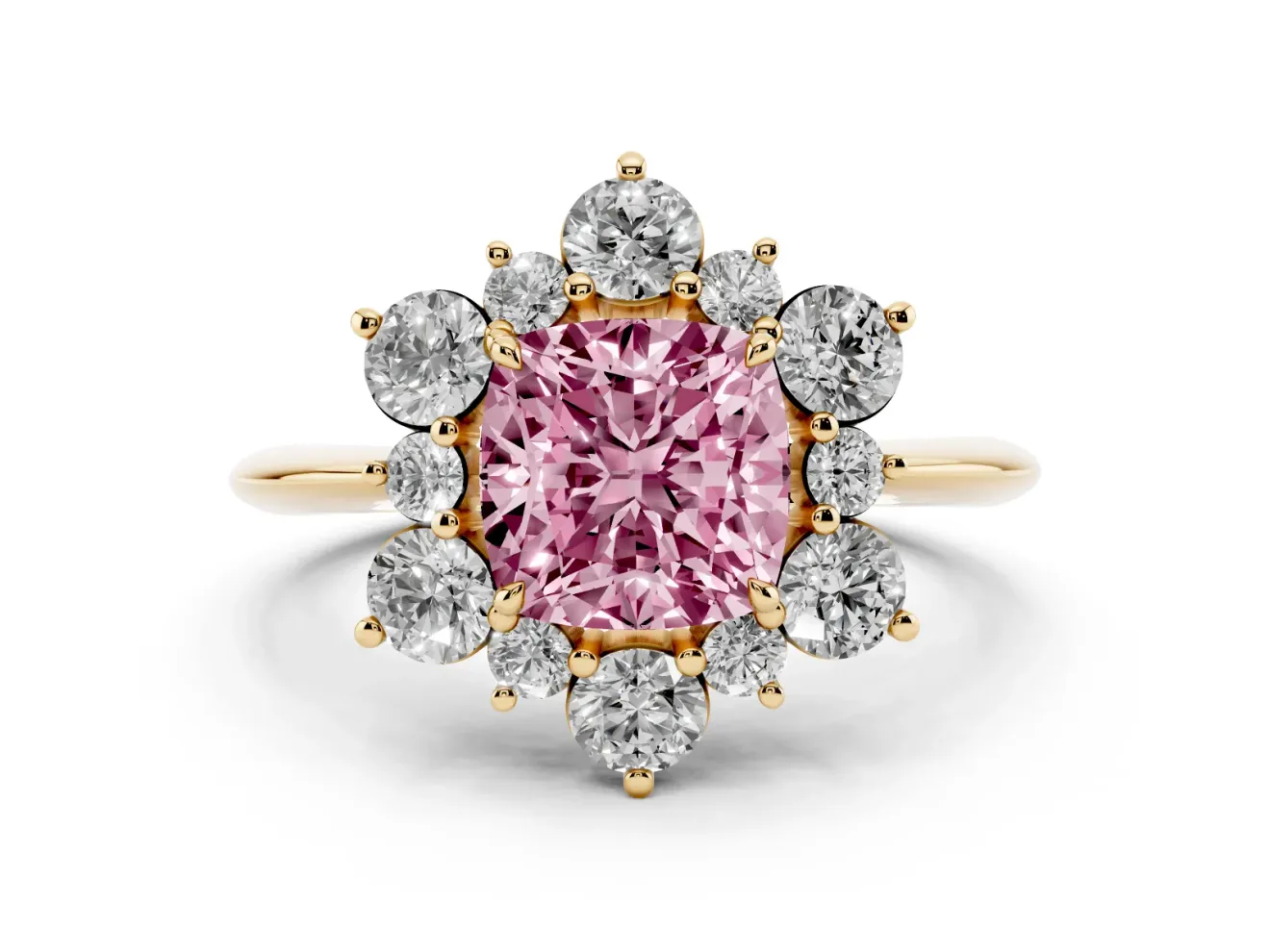 Cushion Cut Cluster Halo Engagement Ring Setting for a Fancy Pink Lab-Grown Diamond | Yellow Gold