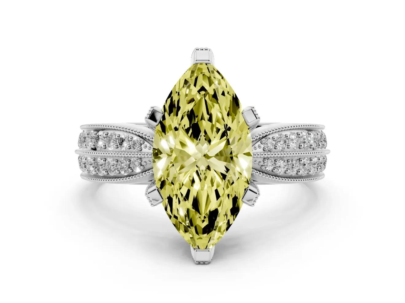Fancy Yellow Marquise Cut Diamond Solitaire Ring Set in Silver with Milgrain Double Row Round Pavé Band