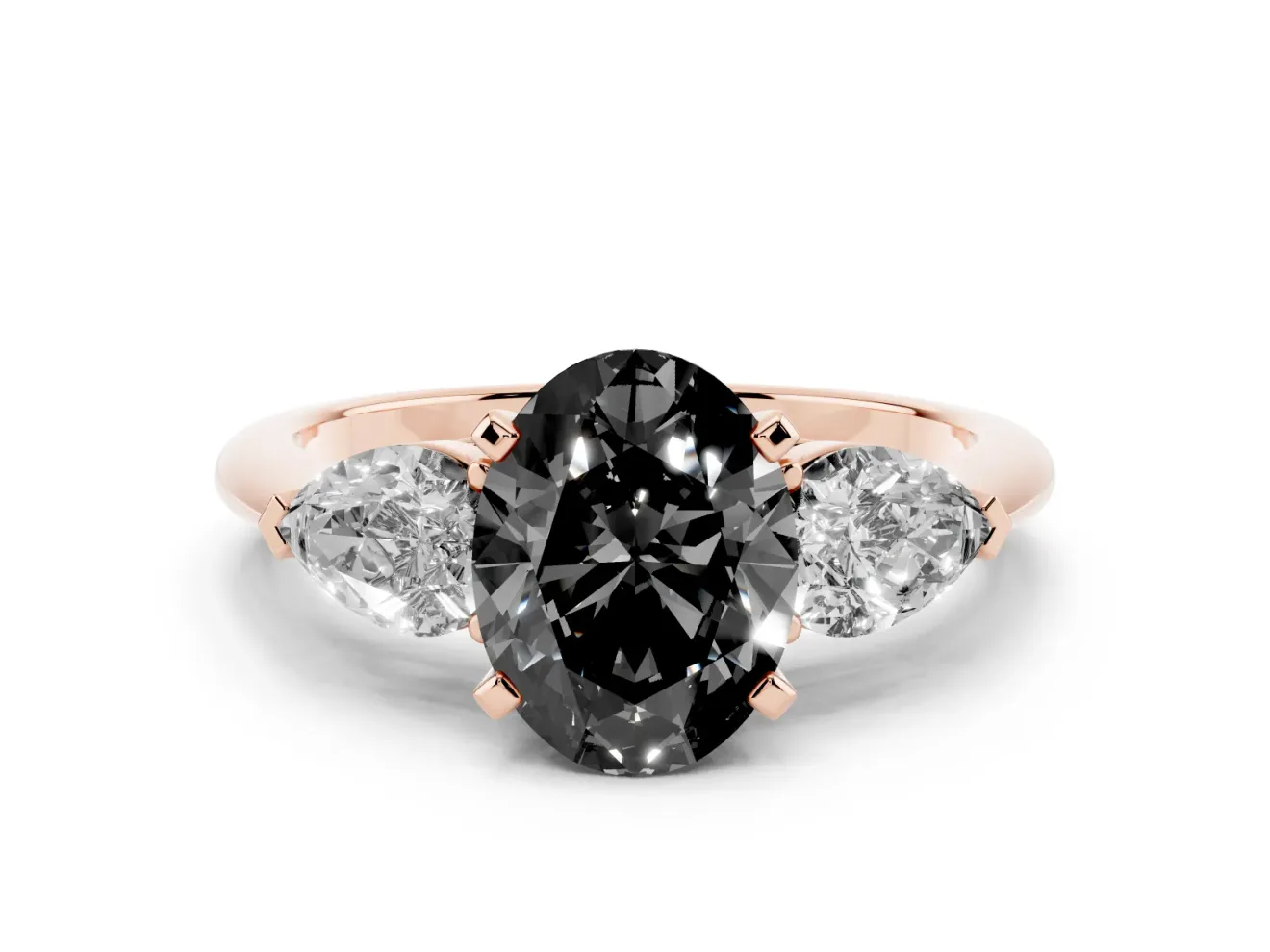 Oval Three-Stone Engagement Ring Setting for a Black Center | Pear Side Stones | Rose Gold