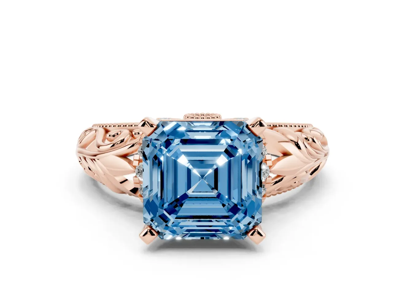 Fancy Blue Asscher Cut Diamond Filigree Halo Engagement Ring Set in Rose gold with Prong Setting