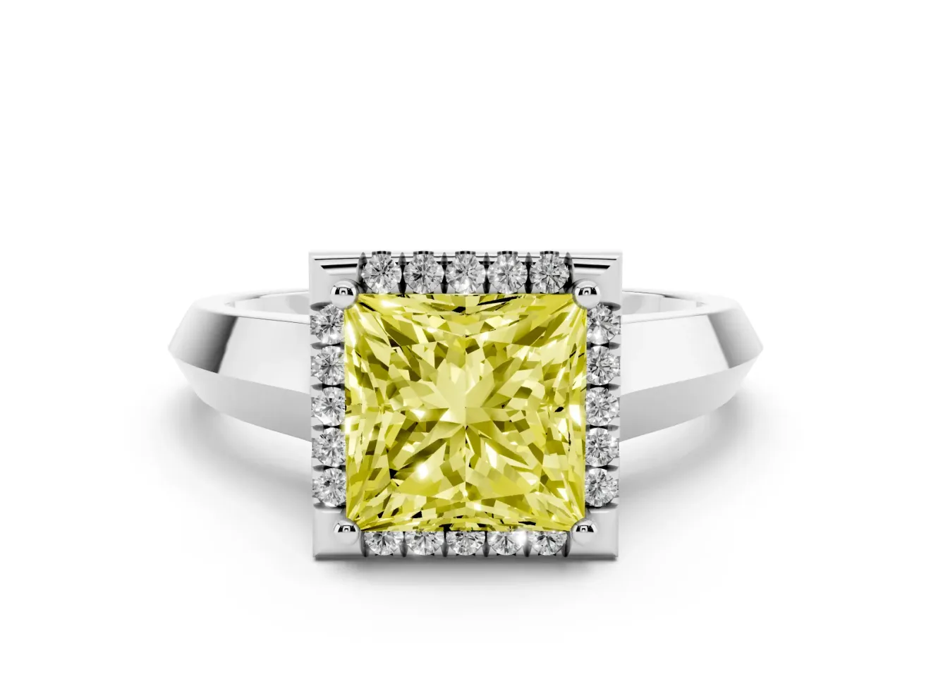 Fancy Yellow Princess Cut Diamond Halo Ring Set in White gold with Cathedral Band and Prong Setting