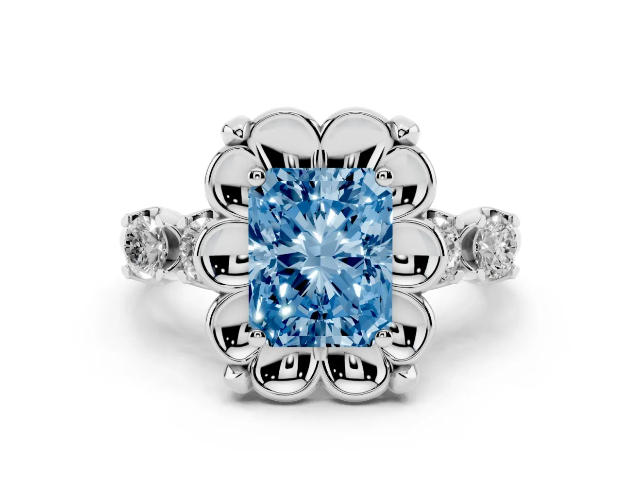 Fancy Blue Radiant Cut Diamond Floral Halo Ring Set in Platinum with Shared Prong Band
